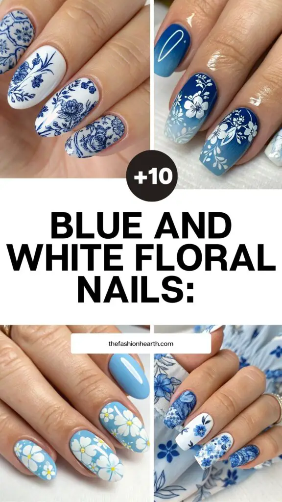 Blue and White Floral Nails