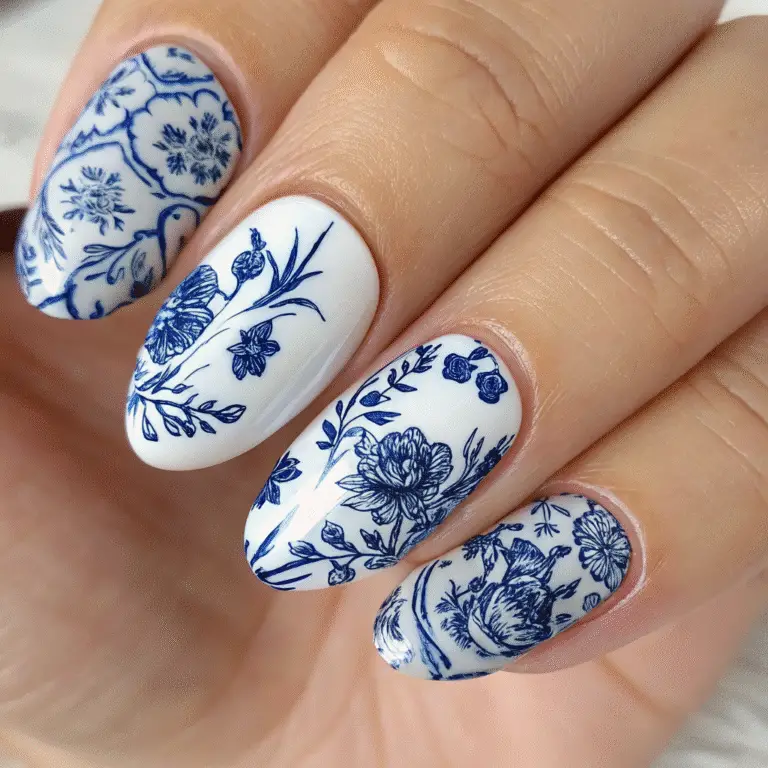 Blue and White Floral Nails